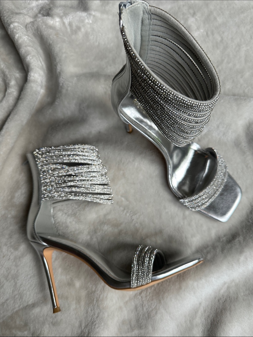 Fashion Nova Silver Crystal Strap Heels Sandals Size 10